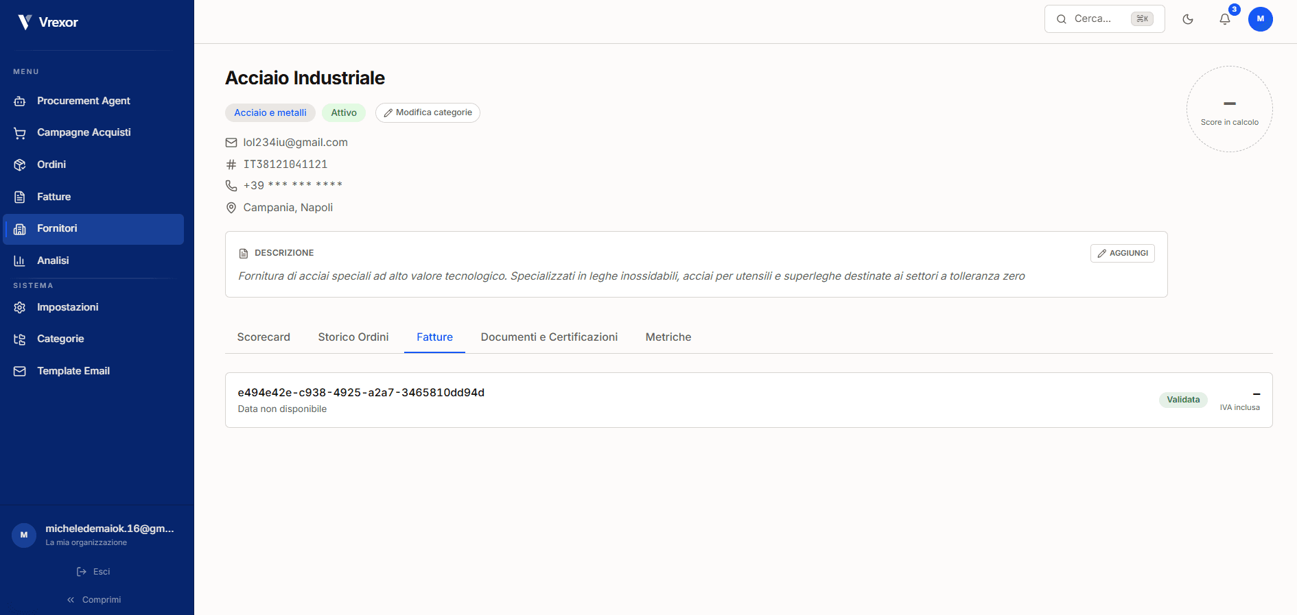 Vrexor screenshot: supplier detail page with scorecard, order history, validated invoices, documents and metrics.